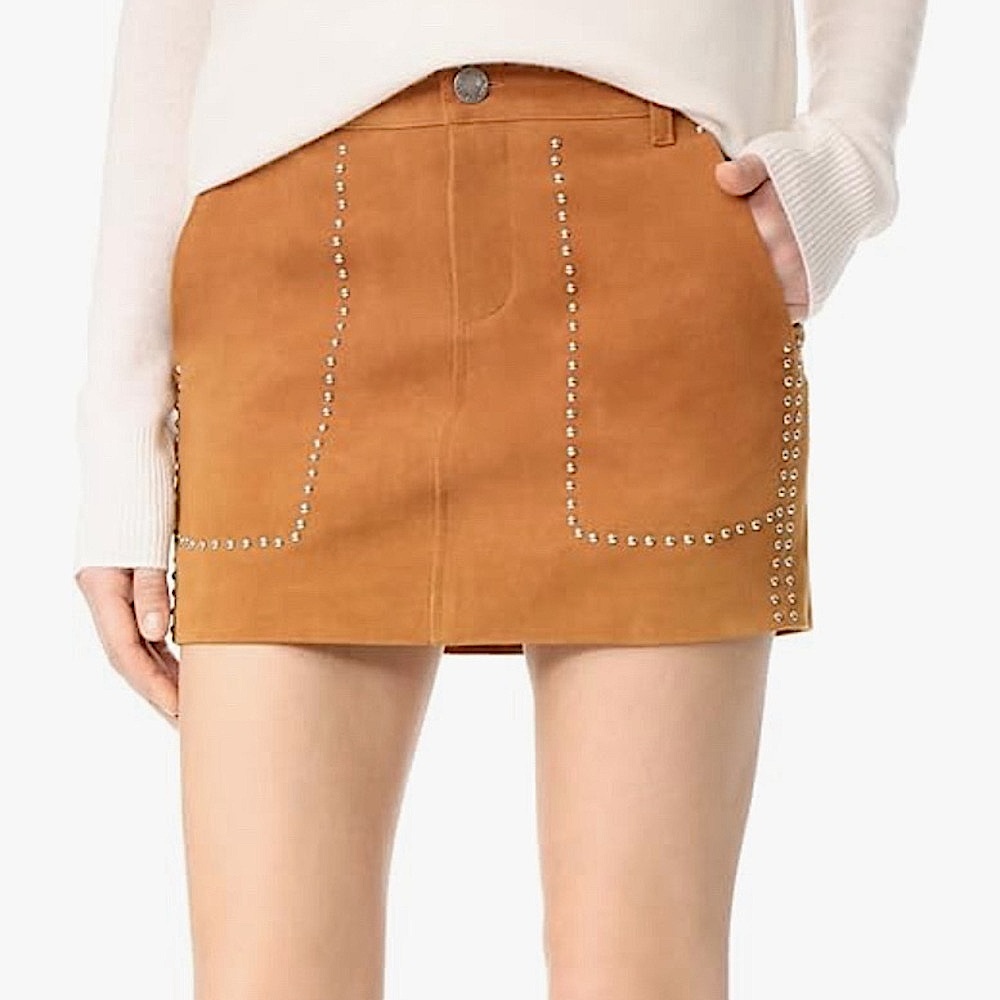 Rebecca Minkoff Tan Brown Suede Studded Barry Mini Skirt Coastal Cowgirl Sz 0 XS